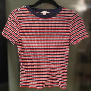 Blue, gray, red striped shirt. Gender neutral.